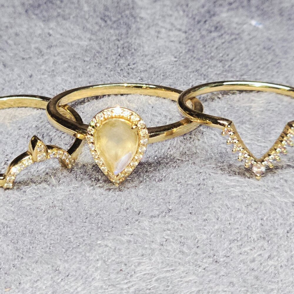 14K Yellow Gold Triple Moonstone Alexandrite CZ Ring Set Sz 9 - Picture 3 of 10